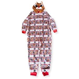 Rudolph Red Nose‎ Reindeer Christmas Fleece Hooded Pajama Jumpsuit Pj Onesie XL